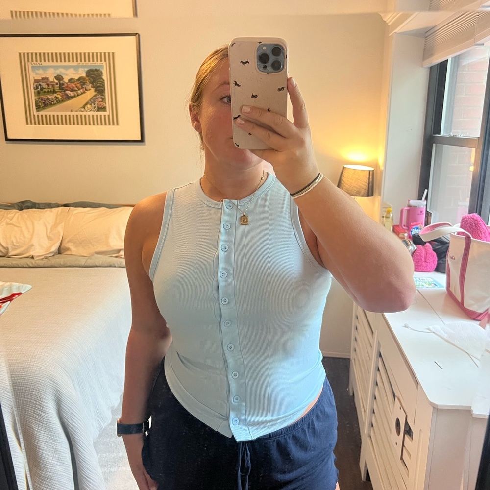 Amazon Women's Sky Blue Button-Up Tank Top